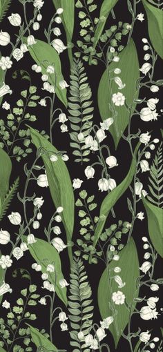 a black and green floral wallpaper with white flowers, leaves and plants on it