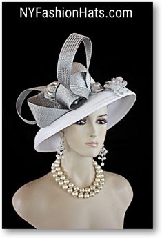 Couture Hats For Women, White Silver Gray Shaped Pillbox Wedding Bridal Hat Headpiece, Custom Luxury Millinery Hat By NYFashionHats, Milan White Bridal Hats, Silver Wide Brim Costume Hat With Adjustable Fit, Silver Wide Brim Adjustable Costume Hat, Silver Adjustable Wide Brim Costume Hat, Silver Wide Brim Hat For Kentucky Derby, Elegant Silver Hat For Kentucky Derby, Elegant High Crown Headpiece For Church, Silver Curved Brim Hat For Wedding, Silver Adjustable Fascinator For Church