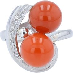 Elegant Platinum Coral Bead Platinum Ring with Diamond Accents - Size 4.5 Elegant Orange Gemstone Rings, Formal Coral Ring, Elegant Coral Ring Jewelry, Elegant Coral Rings For Anniversary, Luxury Round Coral Jewelry, Elegant Coral Jewelry For Anniversary, Coral Elegant Wedding Rings, Elegant Coral Wedding Rings, Elegant Multi-stone Orange Rings