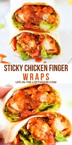 chicken finger wraps with lettuce and tomato sauce on top are shown in this image