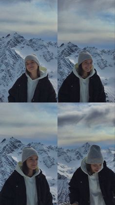 four different pictures of a person wearing a hat and jacket in front of snow covered mountains