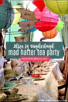 an image of a table setting with tea cups and umbrellas in the background text reads alice in wonderland mad natter tea party