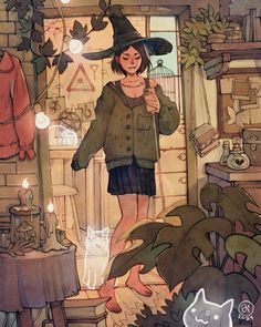 a painting of a woman in a witches hat standing next to a cat and potted plant