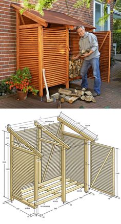 an image of a man working on a wooden shed with plans for the roof and side walls