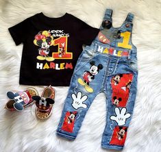 Mickey Mouse 1st Birthday Outfit, Mickey Mouse Jeans, Mickey Mouse Birthday Outfit, Mickey Mouse Overalls, Custom Kids Clothes, Kid Birthday Outfits, Boys Shirts Pattern, Spirit Week Outfits