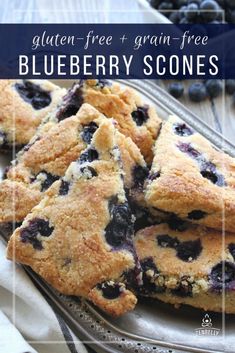 blueberry scones stacked on top of each other with the text gluten free and grain free