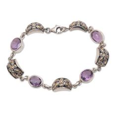 Glistening with purple hues 9.5 carats of faceted oval amethysts are featured in this bracelet from Bali. Designed by Ni Wayan Astiti this bracelet circles the wrist with combination-finish sterling silver links decorated with 22k gold padi or rice patterns. Army Women, Gold Link, Koh Tao, Buy Gold, Purple Hues, Beautiful Islands, 22k Gold, Scuba Diving, Gold Accents