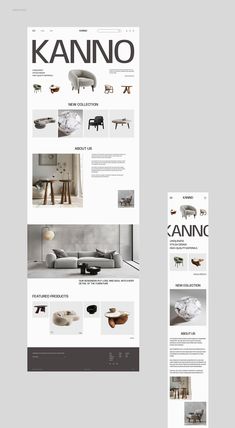 the website design for kanno furniture is shown in white and grey colors, with black accents