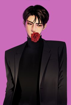 a man with a rose in his mouth is wearing a suit and black turtle neck shirt