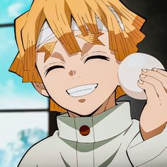 an anime character with blonde hair holding a white object in one hand and smiling at the camera