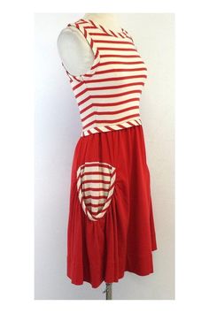 Size XS Red & Cream Striped Dress 100% cotton Sleeveless Rounded neckline Striped top & hip pockets Shoulder to hem 35.75" Stretch Cotton Dresses With Pockets, Red Sleeveless Dress With Pockets, Red Fitted Dress With Pockets, Fitted Red Dress With Pockets, Summer Stretch Dresses With Pockets, Stretch Summer Dresses With Pockets, Fitted Red Dresses With Pockets, Red Stretch Cotton Dress, Casual Red Dress With Pockets