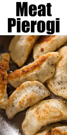 some meat pieces are in a pan with the words meat pierogi on it