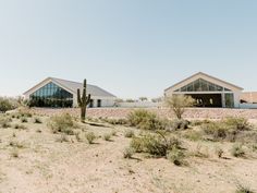 two buildings in the desert with cactus trees