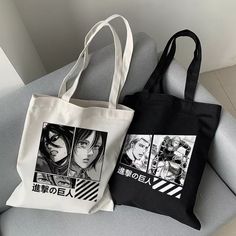 two bags sitting on top of a couch next to each other, one with anime characters