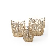 three woven baskets with handles on white background