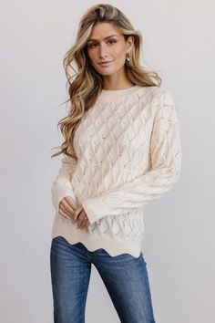 Check out our classy sweater. Our Perle Eyelet Scallop Sweater comes in a beautiful cream color with a fun design! Casual Feminine Outfits, Autumn Color Palette Fashion, Scallop Sweater, Classy Sweater, Scallop Design, Fall Sweaters For Women, Baltic Born, Ivory Sweater, Sweater Cream