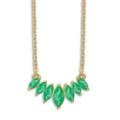 Mesmerizing marquise-cut natural emerald gemstones nestle one another along a graceful curve in this glamorous women's necklace. Fashioned in 14K yellow gold, the 18-inch cable chain secures in place with a lobster clasp. Fine Jewelry Green Marquise Necklaces, Elegant Green Marquise Necklace, Marquise Necklace, Women's Necklace, Jared The Galleria Of Jewelry, Emerald Gemstone, Marquise Cut, Natural Emerald, Cable Chain