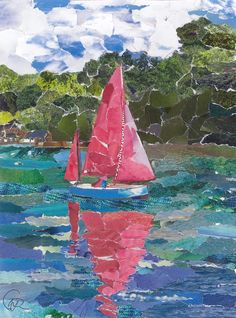 a painting of a sailboat on the water with trees in the backgroud