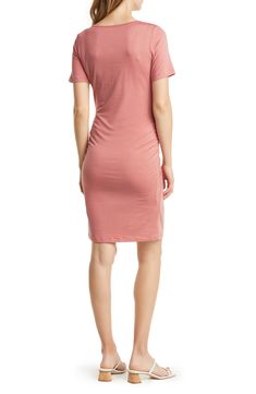 Show off your mom-to-be figure in this snap-front dress cut from a stretchy knit that moves comfortably with you and your bump. Scoop neck Short sleeves 70% viscose, 25% cotton, 5% elastane Machine wash, tumble dry Imported Casual V-neck Elastane Mini Dress, Casual Spring Elastane Bodycon Dress, Spring Modal Dress For Loungewear, Spring Loungewear Dress Made Of Modal, Spring Modal Loungewear Dress, Spring Loungewear Dress, Solid Color V-neck Maternity Dress, Summer Bodycon Maternity Dress, Casual Scoop Neck Elastane Dresses