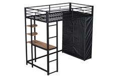 a black metal bunk bed next to a wooden shelf