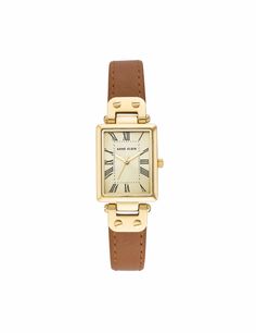 Rectangular Case Leather Strap Watch Red | Anne Klein Luxury Leather Watch Strap, Chic Gold Watch With Rectangular Dial, Classic Rectangular Watch With Leather Strap, Everyday Rectangular Watches With Metal Dial, Everyday Gold Watch With Rectangular Dial, Classic Watches With Gold-tone Hardware And Rectangular Dial, Rectangular Quartz Watch For Everyday Use, Rectangular Analog Watches For Everyday Use, Classic Brown Rectangular Watch