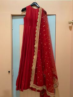 Ruby Red Silk Anarkali With Red and Gold Dupatta Fabilicious Fashion - Fabilicious Fashion Gold Dupatta, Red Anarkali Suits, Red Anarkali, Dupatta Border, Silk Anarkali Suits, Silk Anarkali, Indian Fashion Saree, Indian Wedding Wear, Sequence Work