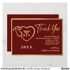 a red and gold graduation thank card with a heart on the front, and an image of