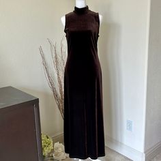 New Without Tag, Never Worn. Simple Yet Elegant Dress With Chocolate Brown Velvet, Mock Turtleneck, Back Zipper Closure. 52” Long. 17.5 “ Across Bust, Can Stretch To 20”. Size 4 Dark Brown Velvet Dress, Chocolate Brown Velvet Dress, Turtleneck Dress Brown, Brown Floor-length Formal Dress, Fitted Floor-length Brown Gown, Black Floor Length Dress, Nicole Brown, Tropical Maxi Dress, Beaded Maxi Dress