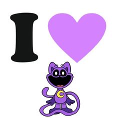 a purple cat sitting in front of a heart and i love the word on it