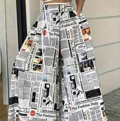 Womens Newspaper Printed Wide Leg Pants 100% Polyester White Cotton Wide Leg Pants For Day Out, White Wide Leg Bottoms For Day Out, Trendy White Wide Leg Pants With Elastic Waistband, White High Waist Wide Leg Pants With Elastic Waistband, White Straight Pants For Day Out, White Wide Leg Pants With Pockets For Day Out, White Ankle-length Wide Leg Pants For Day Out, Casual High Waist White Wide Leg Pants, White Trousers Bottoms For Day Out