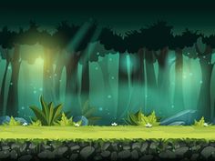 an illustration of a forest scene with rocks and plants in the foreground at night