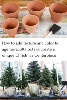 potted christmas trees on a table with text overlay how to add texture and color to age terracotta pots & create a unique christmas centerpiece