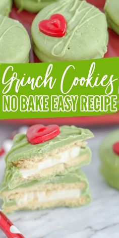 green cookies with white frosting and red hearts on top, in front of the words crunch cookies no bake easy recipe