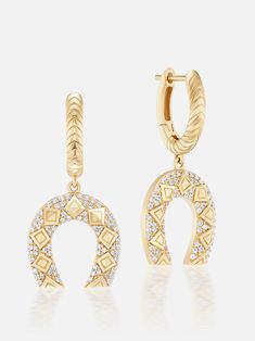 18k yellow gold pave diamond mini horseshoe drop huggie earrings with raised triangle details. A captivating combination of whimsy and signature Harwell Godfrey patterns, our one of a kind drop earrings are business on the top and party on the bottom. Sold as a pair.  Need a little luck on your side? Our tiny horseshoe Harwell Godfrey, Pyramid Eye, Bridal Bracelet Pearl, Horseshoe Jewelry, Horseshoe Earrings, Huggie Earrings, Horseback Riding, Huggies Earrings, Charm Earrings