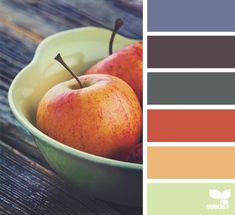 two apples in a green bowl on top of a wooden table with color swatches