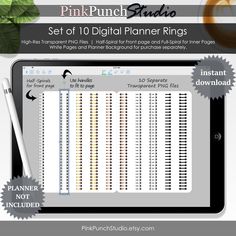 the pinkpunch studio set of 10 digital planner rings is shown on an ipad