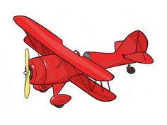 a red airplane flying in the sky with propellers on it's wings and wheels