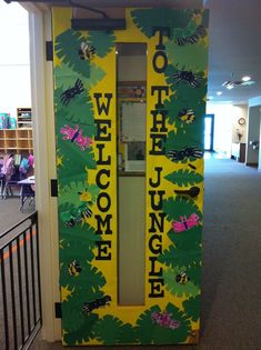 an open door with the words welcome to jungle on it in front of a hallway