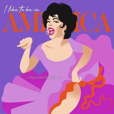 a woman in a purple dress with her mouth open and the words i like to be in america