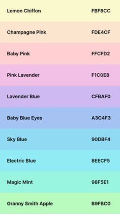 the color chart for different shades of pink, blue, and green with text on it