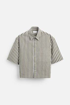 BOXY FIT STRIPED SHIRT - Khaki | ZARA United States Spring Vertical Stripes Short Sleeve Shirt, Short Sleeve Shirt With Striped Collar For Work, Relaxed Fit Short Sleeve Shirt With Striped Collar, Relaxed Fit Shirt With Striped Collar And Short Sleeves, Summer Workwear Shirt With Contrast Stripes, Cotton Shirt With Contrast Stripes And Short Sleeves, Vertical Stripes Relaxed Fit Short Sleeve Shirt, Relaxed Fit Short Sleeve Shirt With Vertical Stripes, Relaxed Fit Shirt With Vertical Stripes