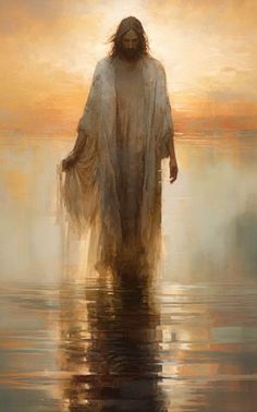 a painting of jesus walking in the water with his hands on his hips and head down