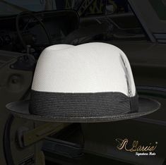 Handmade with the highest quality materials of 100% cotton string Style: Golden Line Lowrider Derby Two Tone Color: White/ Black Hat Band: Black Feathers: Rooster Brand: Garcia Signature Hats All sales are final Website GARCIASIGNATUREHATS.COM/STORE Social Media Facebook @garciasignaturehats Instagram @garciasignaturehats Classic White Fitted Sun Hat, Vintage White Fedora With Short Brim, White Straw Hat With Adjustable Fit And Curved Brim, White Adjustable Straw Hat With Curved Brim, White Flat Bill Fedora For Kentucky Derby, Retro White Sun Hat With Curved Brim, White Flat Bill Straw Hat For Summer, Retro Fitted Fedora For Summer, Classic Cotton Fedora With Short Brim