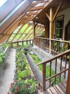 an open air greenhouse with lots of plants growing in the ground and stairs leading up to it