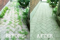 before and after photos of a brick walkway with grass growing on the side, in front of a house