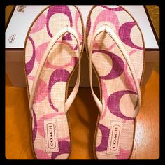 Reposhing This Item I Purchased. Loved The Look, But Can't Wear Them. I Need Arch Support And These Fabric Bottoms Are So Comfortable But No Support. Never Worn Outside Only Tried On Indoors. Pink Cushioned Flip Flops For Spring, Spring Pink Flip Flops With Cushioned Footbed, Casual Pink Toe Post Flip Flops, Spring Pink Cushioned Flip Flops, Coach Pink Sandals For Beach, Coach Sandals For Spring Vacation, Coach Pink Slip-on Sandals, Coach Pink Open Toe Sandals, Coach Sandals For Beach In Spring