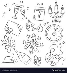 black and white drawing of christmas items for the new year's greeting card or coloring page