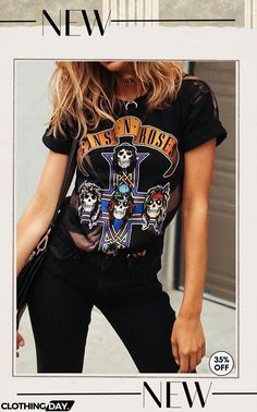 Guns N' Roses Music T Shirt Casual Spring T-shirt With Skull Print, Trendy Spring Skull Print Top, Trendy Skull Print Top For Spring, Punk Skull Print T-shirt For Summer, Edgy T-shirt With Front Print For Summer, Edgy Summer T-shirt With Front Print, Summer Graphic Tee With Band Logo, Summer Band Logo Graphic Tee, Spring Band Logo Graphic Tee