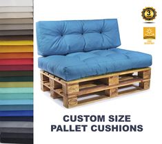 a wooden pallet chair with blue cushion on it and the words, custom size pallet cushions