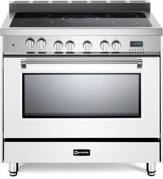 an oven that is stainless steel and has four burners on the front, one with two